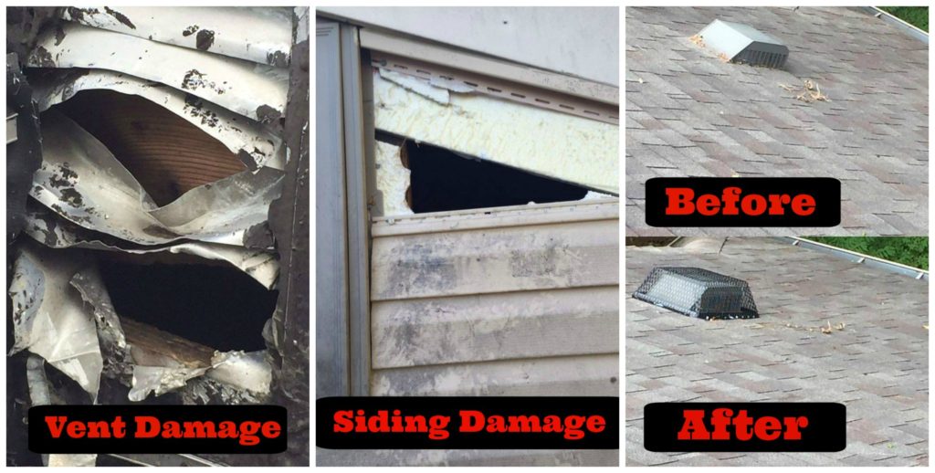 Before and after restoration photos of vent and siding damage