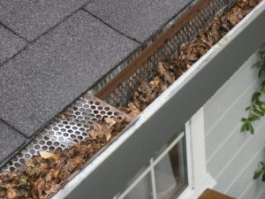 A gutter which is filled with dead leaves