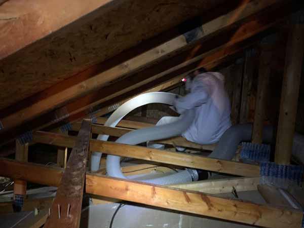 A BWS specialist performs attic cleanup and repair service at a Columbus residence
