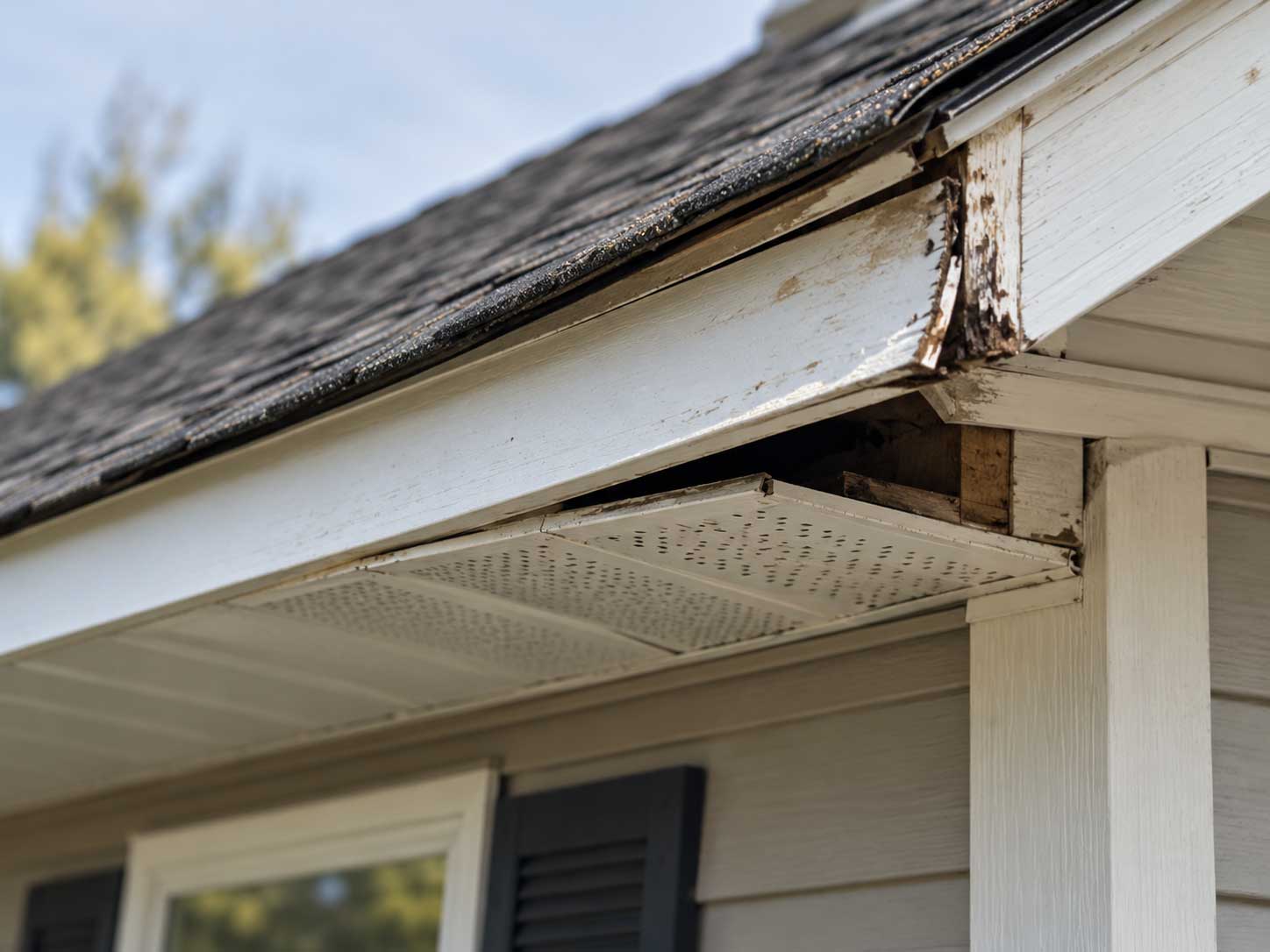 Damaged soffit creating a wildlife entry point on an Ohio home