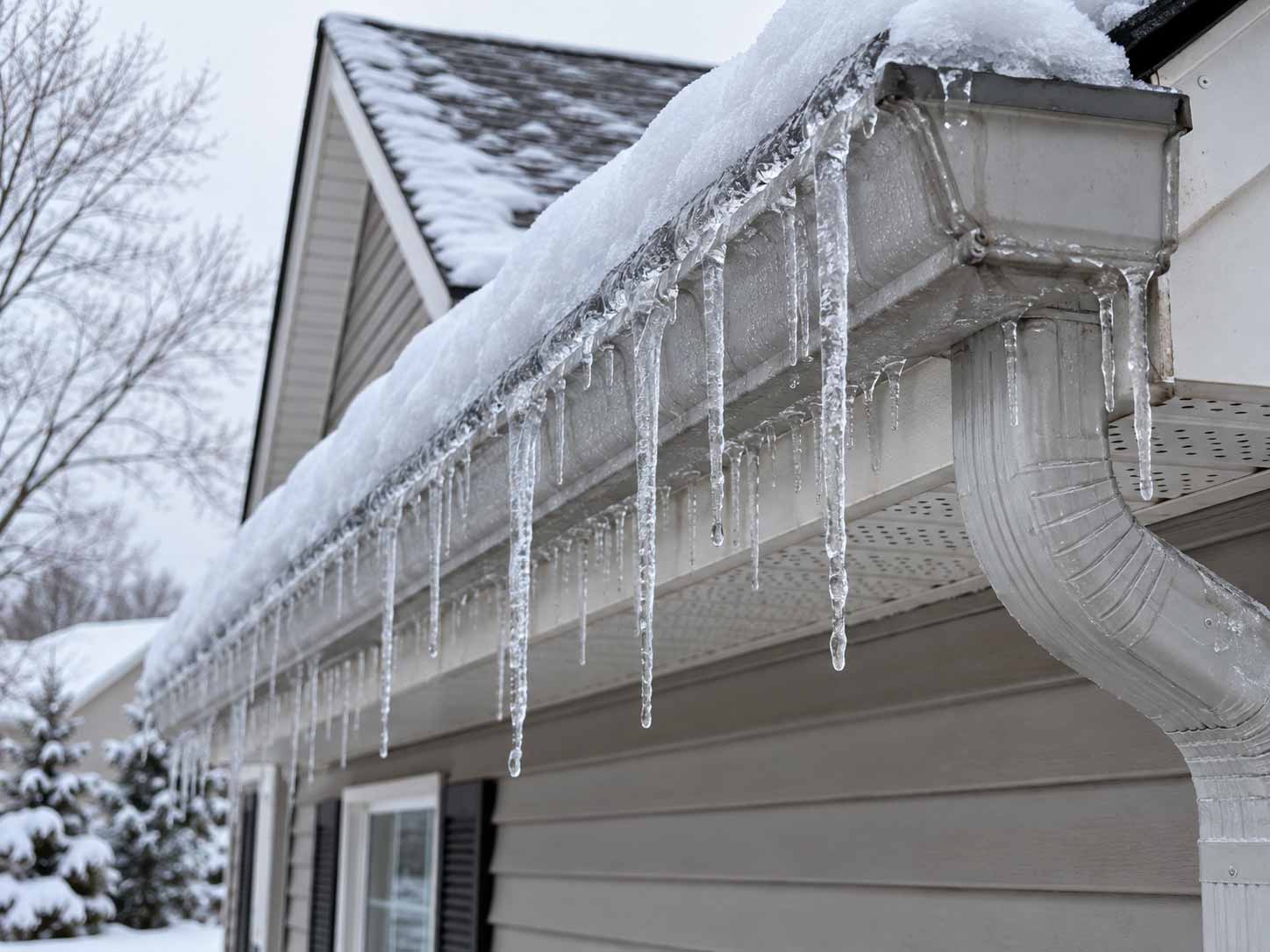 Icicles and ice buildup along a gutter during an Ohio freeze-thaw cycle