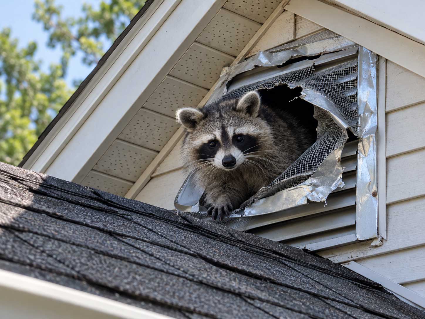 Raccoon entering a damaged roof vent on a Central Ohio home