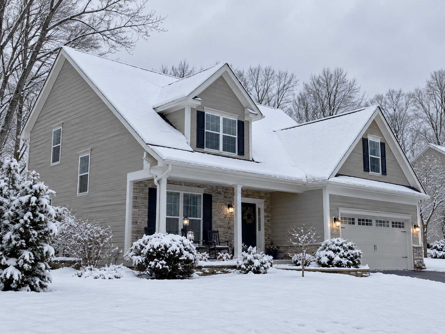 Snow-covered house roofline in Central Ohio in winter