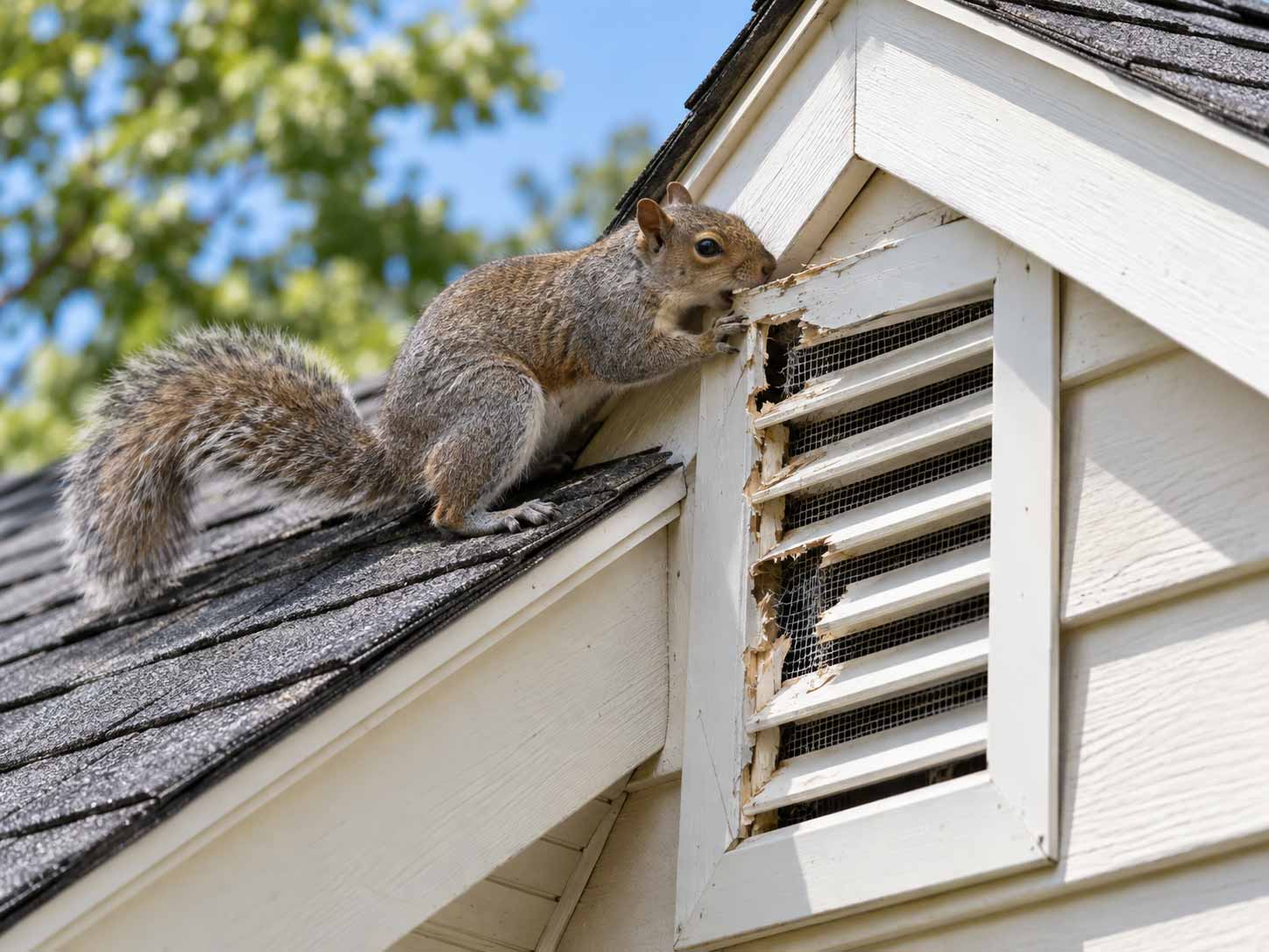Squirrel chewing a gable vent to get into an attic