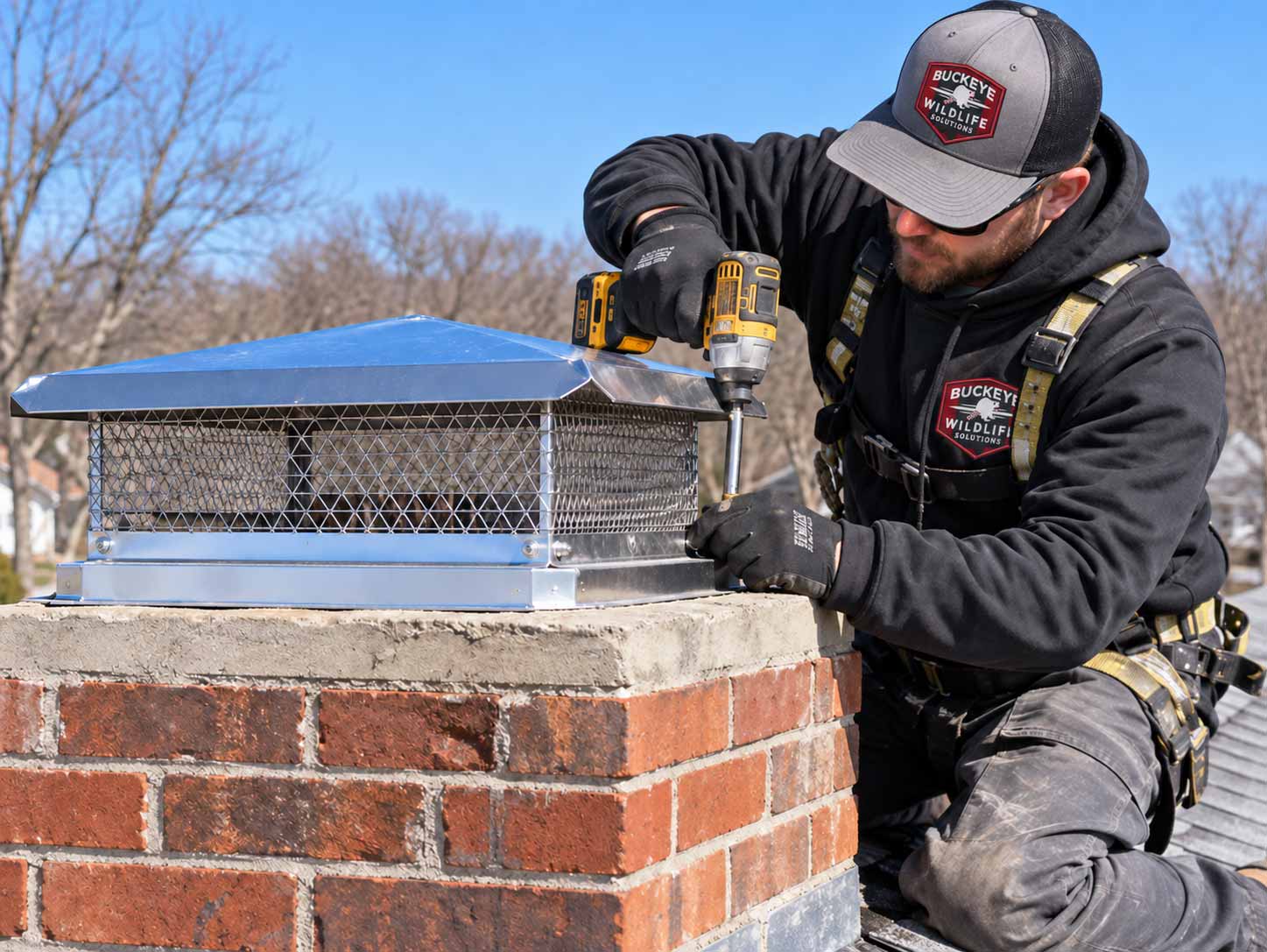 Buckeye Wildlife Solutions technician installing a chimney cap