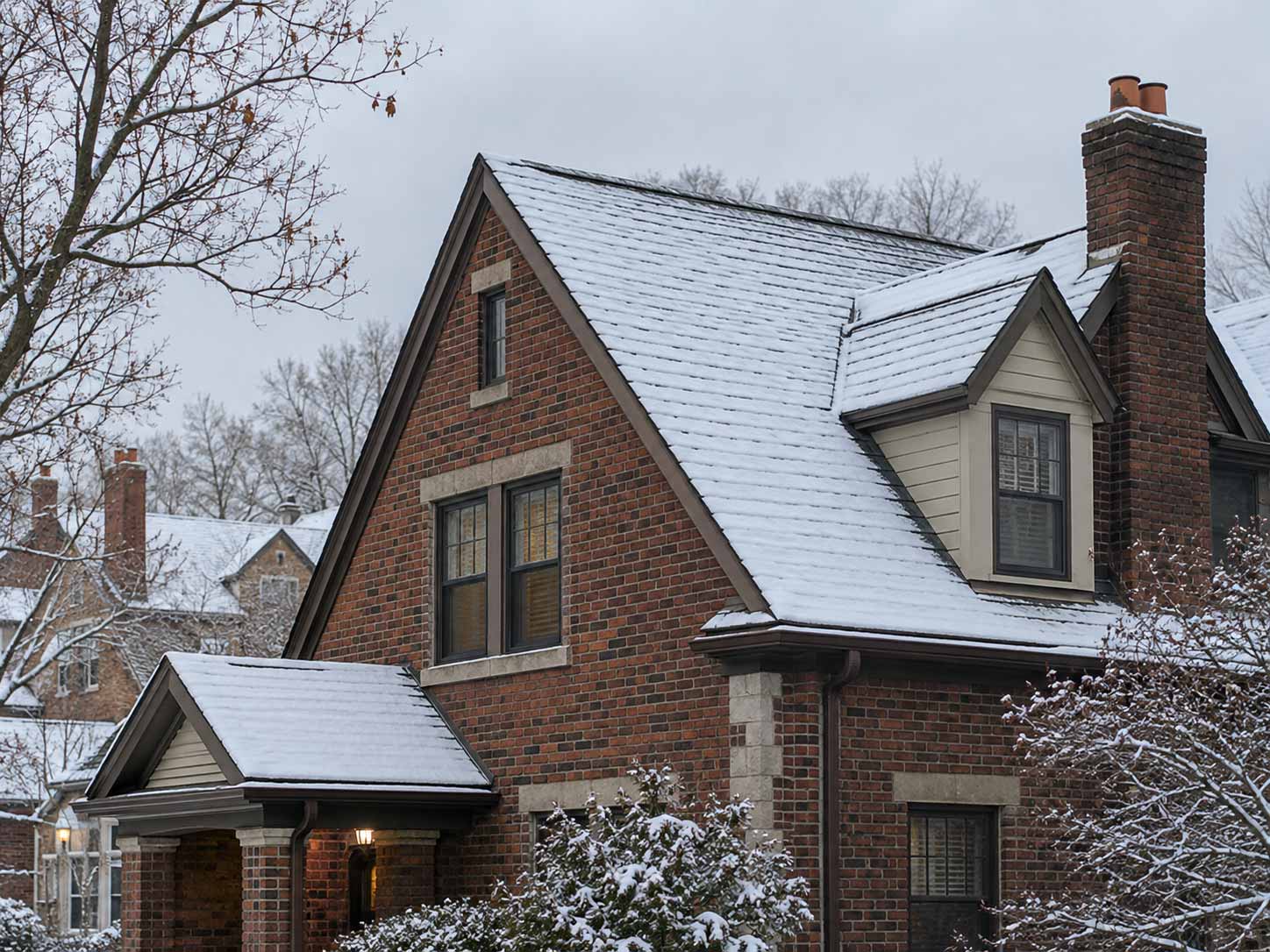 A frosty and snowy Central Ohio rooftop of a brick home in an older Columbus neighborhood. A frosty and snowy Central Ohio rooftop of a brick home in an older Columbus neighborhood.
